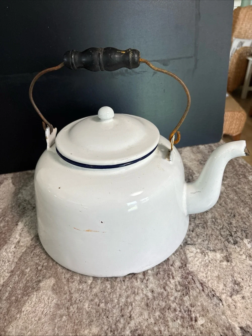 Vintage Large Enamel Tea Kettle Pot White  Ware W/ Wood Handle, Lid Farmhouse